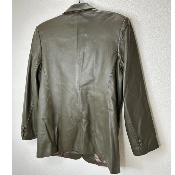 Faux Leather Green Brown Collared Front Button Blazer Jacket XL - Picture 9 of 16